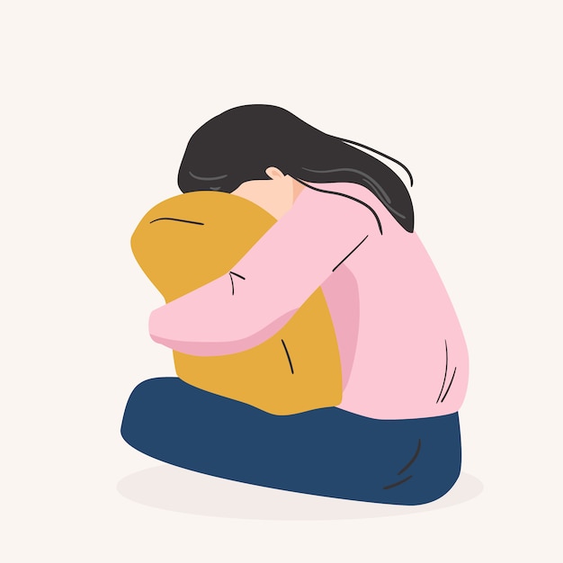 Triste Mujer Solitaria Chica Joven Deprimida Abrazando La Almohada Ilustración Vectorial En