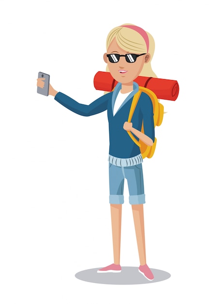 Turista Rubia Con Gafas De Sol Mochila Smartphone Vector Premium 8323