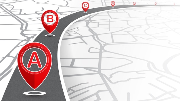 Ubicación del icono a a g de color rojo en la línea curva con fondo de mapa de calles Vector Premium