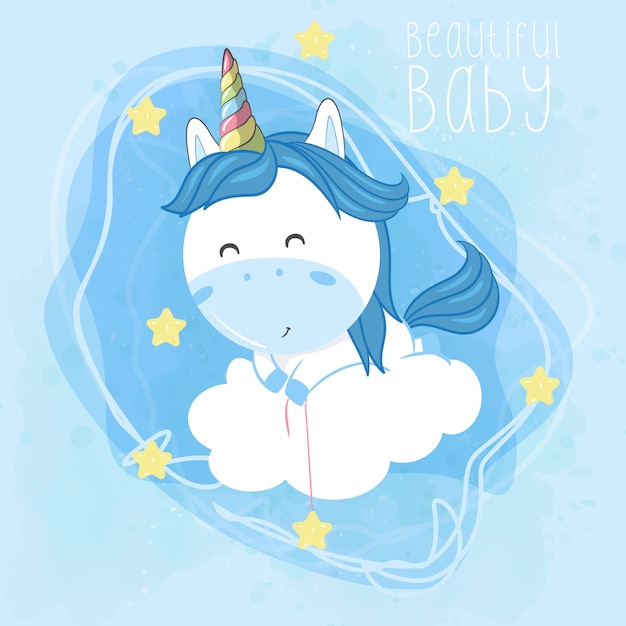 Unicornio Bebe Volando Con Nubes Y Estrellas Vector Premium