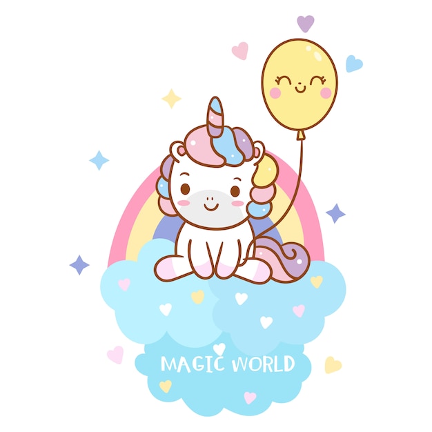 Unicornio fresco sosteniendo globo con arco iris Vector Premium