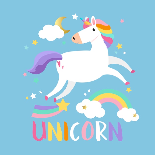Unicornio con vector de elementos mágicos. vector gratuito