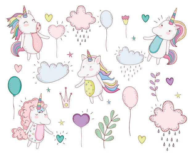 Unicornios De Moda Con Nubes Y Hojas De Plantas Vector Premium