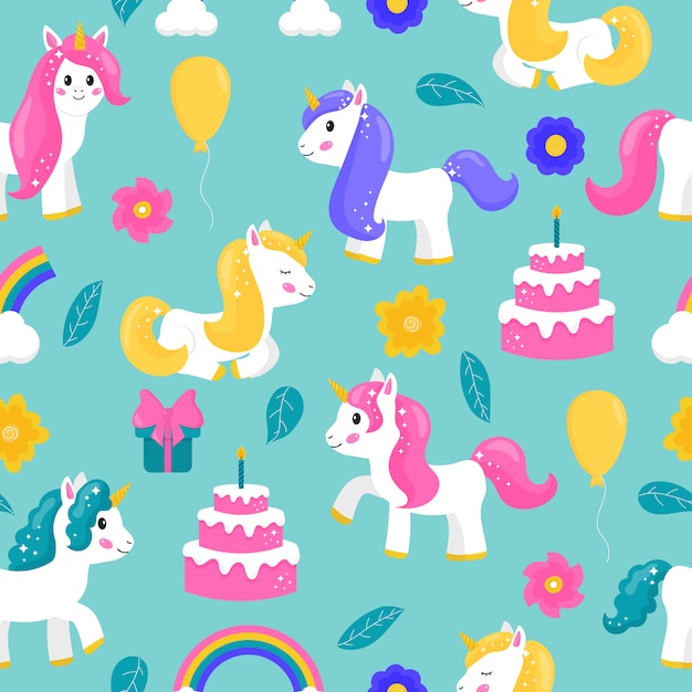 Unicornios De Patrones Sin Fisuras De Dibujos Animados Lindo Con Pastel Globo Arco Iris Y Gif Vector Premium