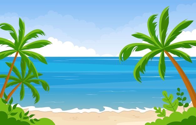 Vacaciones en playa tropical mar palmera verano paisaje ilustración Vector Premium