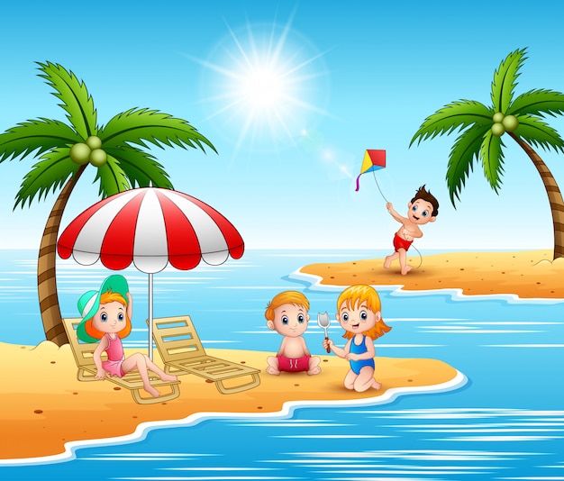 Vacaciones de verano niños en la playa. | Vector Premium
