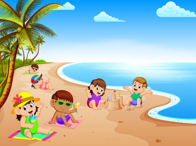 Vacaciones De Verano En La Playa Con Los Niños Relajarse Y Jugar Cerca De La Playa Vector 7121