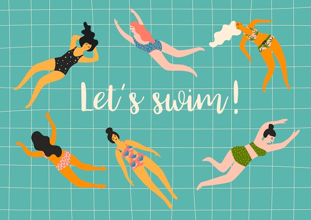 Vamos A Nadar. Ilustración Vectorial De Natación Mujeres. | Vector Premium