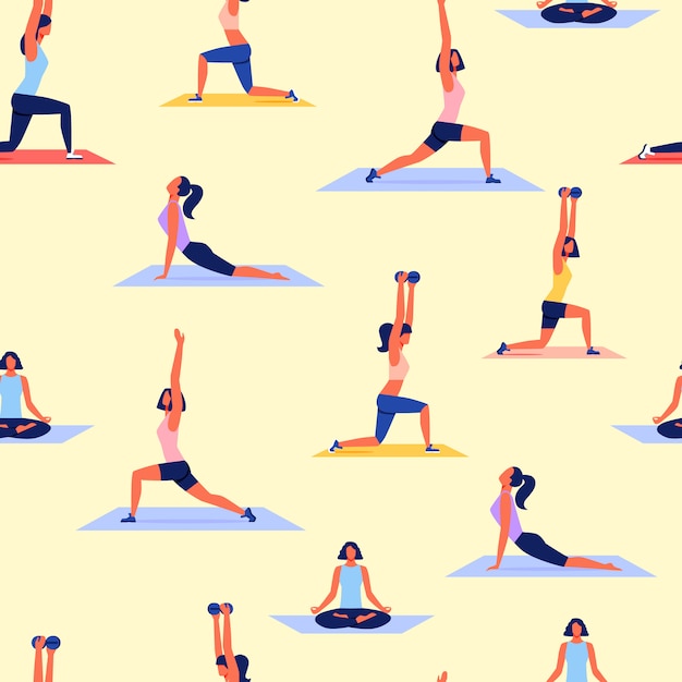 Varias poses mujeres practicando yoga. deporte vector Vector Premium
