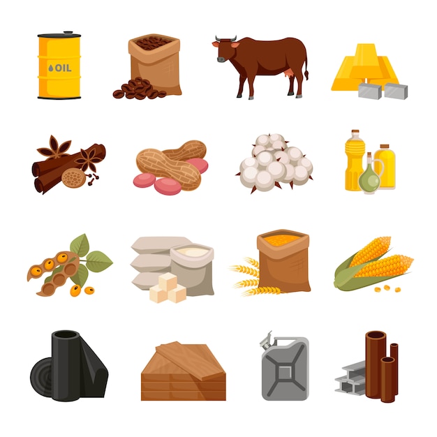 Varios Productos Planos Iconos Conjunto Con Productos Alimenticios Y Materiales Vector Gratis 4787