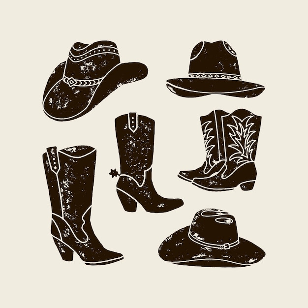 Vector Conjunto De Ilustracion De Silueta De Sombrero Y Botas De Vaquero En Estilo Vintage Efecto Grunge Elementos Del Salvaje Oeste Para El Diseno De Carteles Postales Rotulacion Estampados Para Camisetas