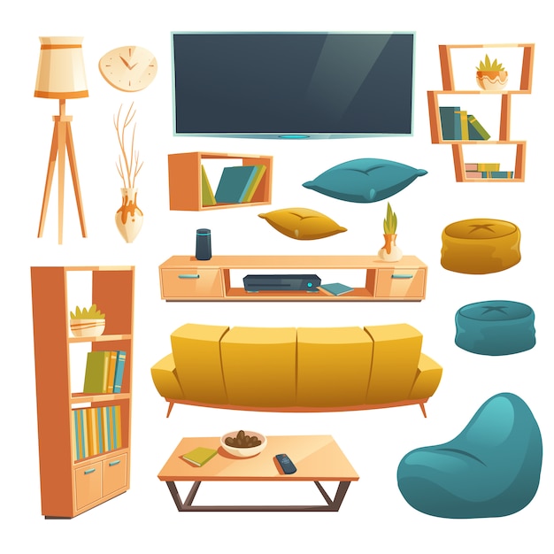 Vector Conjunto De Muebles De Dibujos Animados Para Sala De Estar