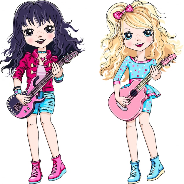 Vector Cool Rock Stars Musico De Ninas Bebes Rubias Y Morenas Tocando La Guitarra Vector Premium