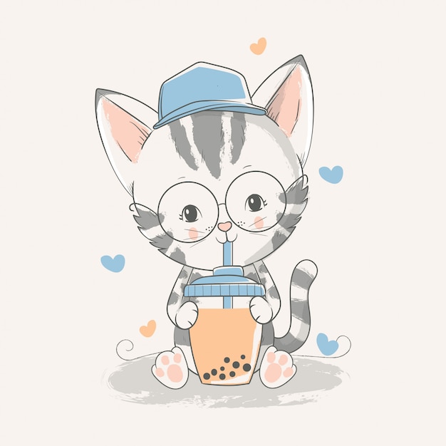 Vector dibujado a mano ilustración de un lindo gatito bebé con un té helado. Vector Premium
