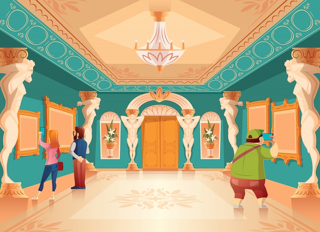 Vector de dibujos animados exposición del museo con imágenes y visitantes en el salón de baile real con columnas atlas. arkansas vector gratuito