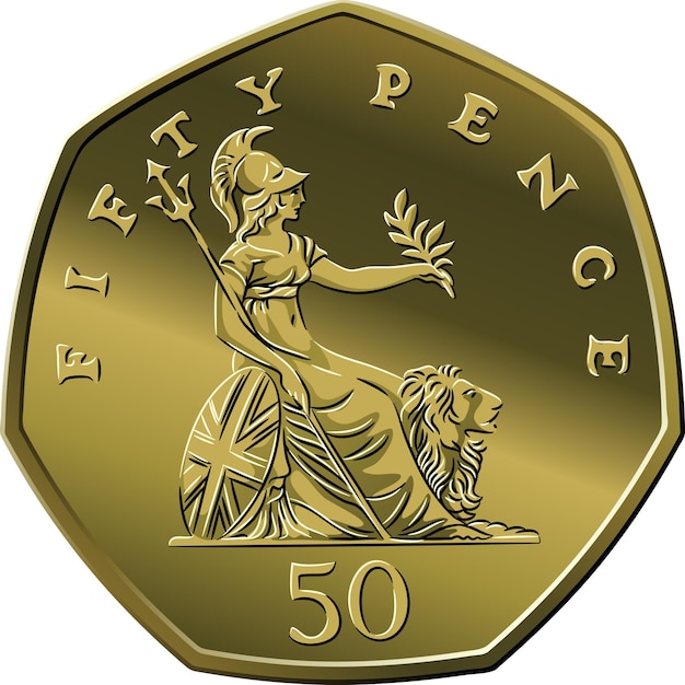 Vector De Dinero Británico Moneda De Oro Cincuenta Pis O Peniques Marcha Atrás Con Britannia 4357