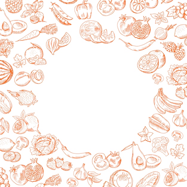 Vector handdrawn doodle frutas y verduras conjunto con lugar vacío redondo para su ilustración de texto Vector Premium