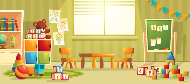 Vector ilustración de dibujos animados de la sala de jardín de infantes vacía con muebles y juguetes para niños pequeños. norte vector gratuito