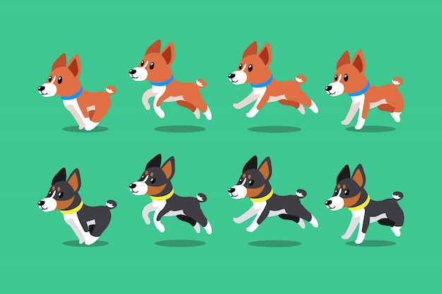 Vector de personaje de dibujos animados basenji perros corriendo paso Vector Premium