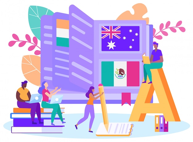 Vector plano de aprendizaje de idiomas extranjeros de forma remota. Vector Premium