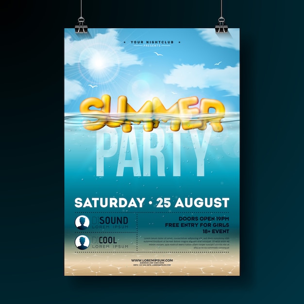 Vector summer party flyer design con submarino azul océano Vector Premium