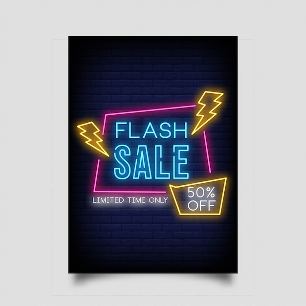 Venta flash 50% de descuento para banner en estilo neón Vector Premium