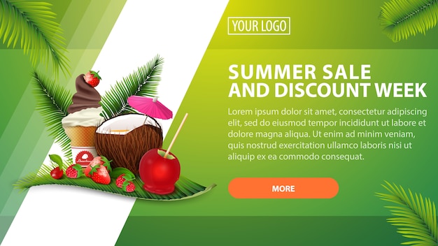 Venta de verano y semana de descuento, banner de descuento horizontal para su sitio web. Vector Premium
