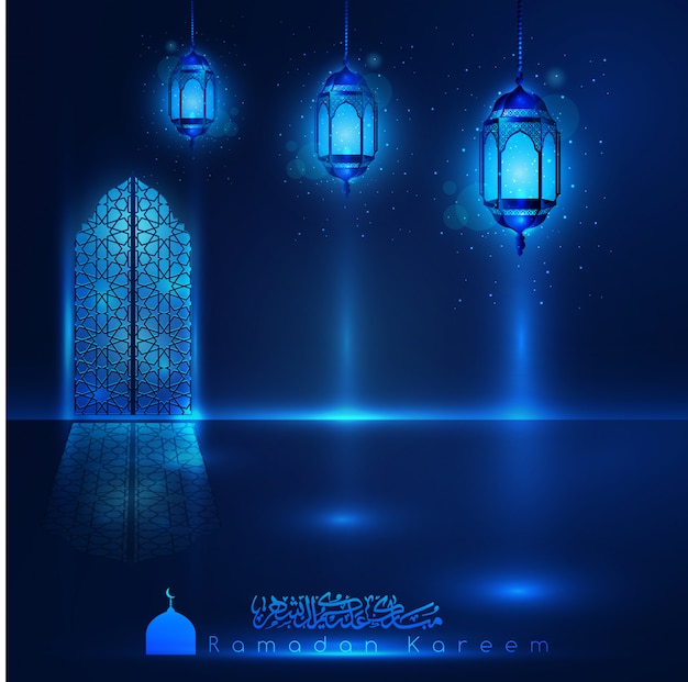 Ventana de la mezquita de ramadán kareem con patrón árabe y linternas Vector Premium