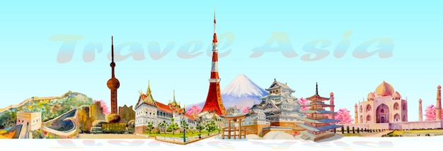 Viajes de arquitectura emblemática de asia. Vector Premium