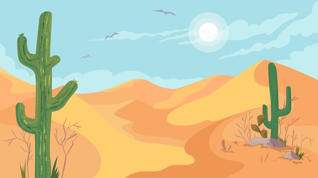 Vista Del Desierto Caliente De México Banner En Diseño Plano De Dibujos Animados Paisaje Con 4371