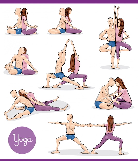 Yoga En Pareja Ilustracion Conjunto Vector Premium