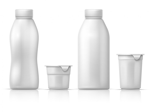Yogur de plástico blanco redondo blanco en lata, envase y botellas. maqueta de envases para productos lácteos lácteos. envase de yogur de plástico, paquete de leche del producto. Vector Premium