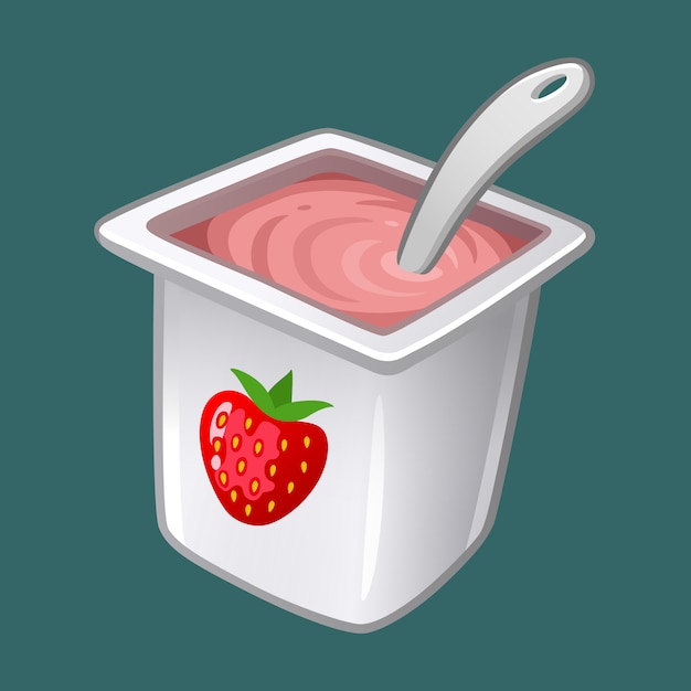 Yogurt Rosa Fresa Con Cuchara Vector Premium