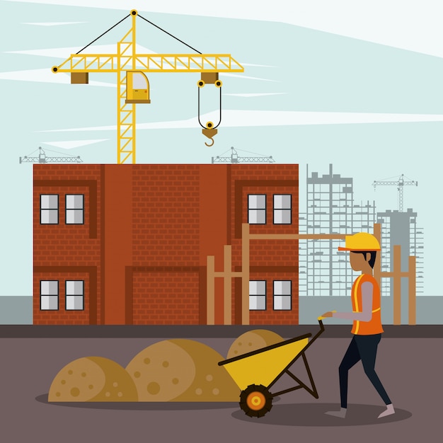 En Zona De Construcción Con Trabajadores | Vector Premium