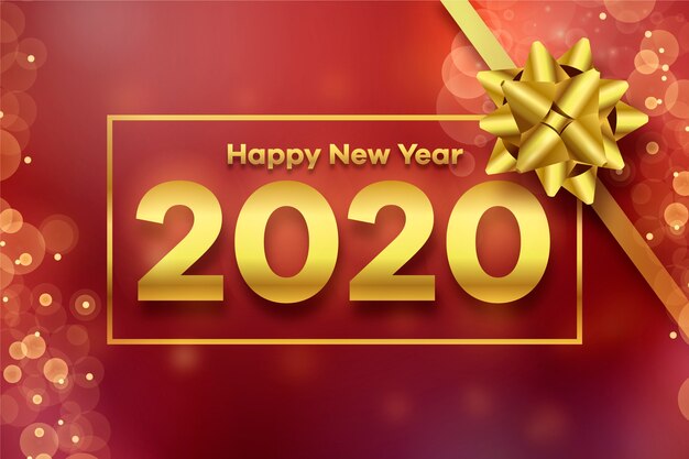 2020 goldener geschenkbogen und unscharfer hintergrund Kostenlosen Vektoren