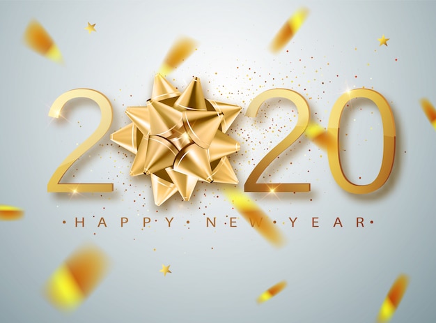 2020 guten rutsch ins neue jahr mit goldenem geschenkbogen, konfetti, weiße zahlen. winterurlaub grußkartenvorlage. weihnachts- und neujahrsplakate Premium Vektoren