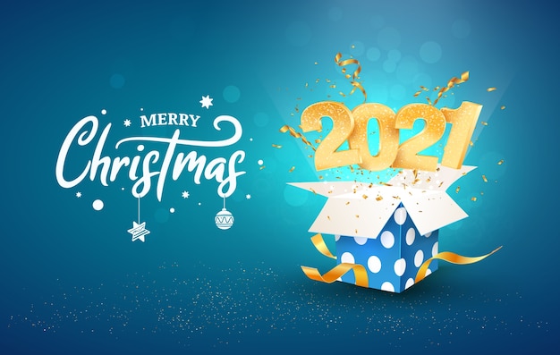 2021 Frohes Neues Jahr Illustration Frohe Weihnachten Goldene Zahlen Fliegen Blaue Geschenkbox Aus Premium Vektor