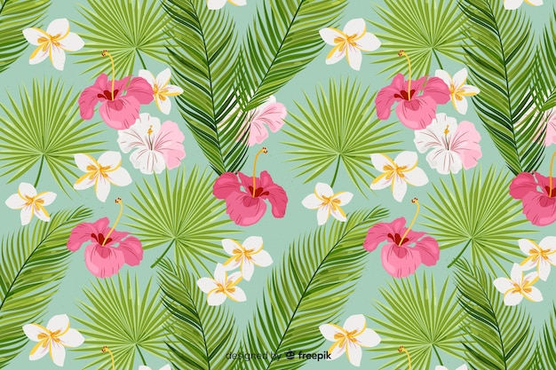 2d Tropischer Hintergrund Mit Blumen Und Blattmuster Kostenlose Vektor