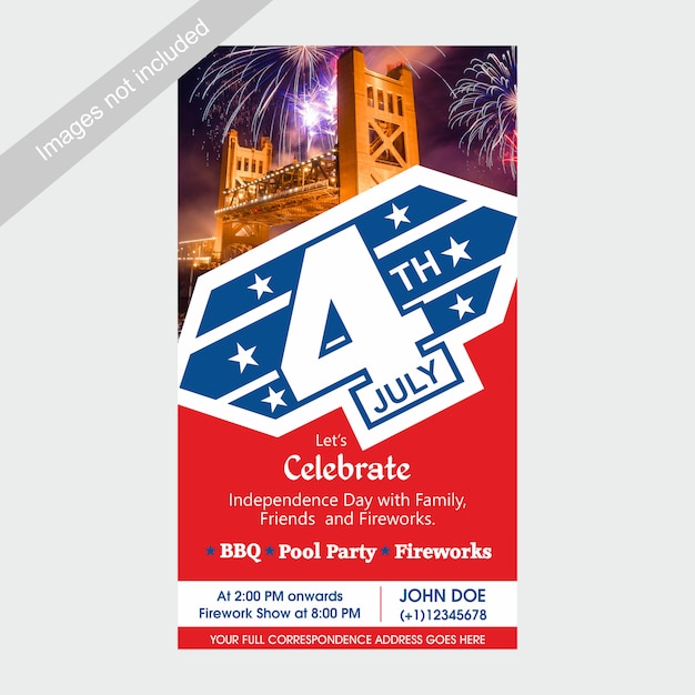 4. juli us-unabhängigkeitstag laden schablone mit bbq, pool-party und feuerwerksanziehungskraft ein. Premium Vektoren