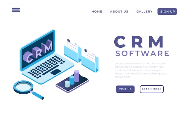 Abbildung Der Systemautomatisierung Mit Einer Crm Anwendung Mit Dem Konzept Der Isometrischen Landing Pages Und Web Header Customer Relationship Management Premium Vektor