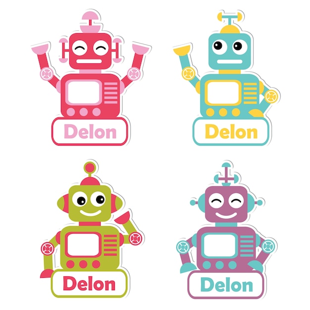 Abbildung Mit Bunten Roboter Spielzeug Geeignet Fur Kinder Namensschild Set Design Label Namen Und Druckbare Aufkleber Set Premium Vektor