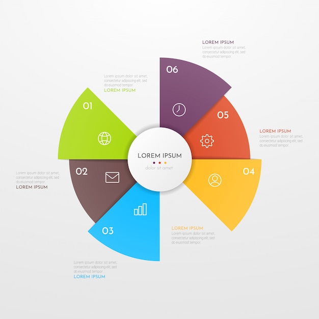 Abstrakte Moderne Vorlage Zum Erstellen Von Infografiken Mit Sechs Optionen Kreisdiagramm Design Kann Fur Workflow Layout Prasentationen Berichte Visualisierungen Diagramme Webdesign Und Schulungen Verwendet Werden Premium Vektor