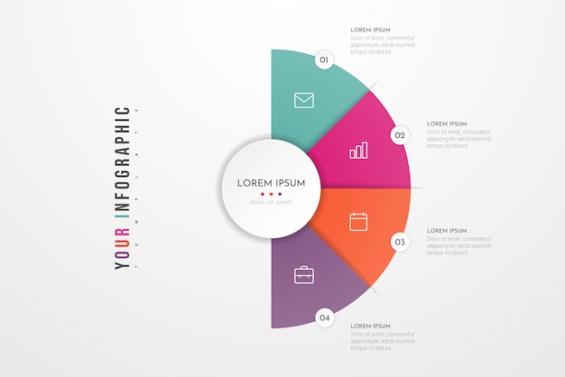 Abstrakte Moderne Vorlage Zum Erstellen Von Infografiken Mit Vier Optionen Kreisdiagramm Kann Fur Workflow Layout Prasentationen Berichte Visualisierungen Diagramme Webdesign Und Schulungen Verwendet Werden Premium Vektor