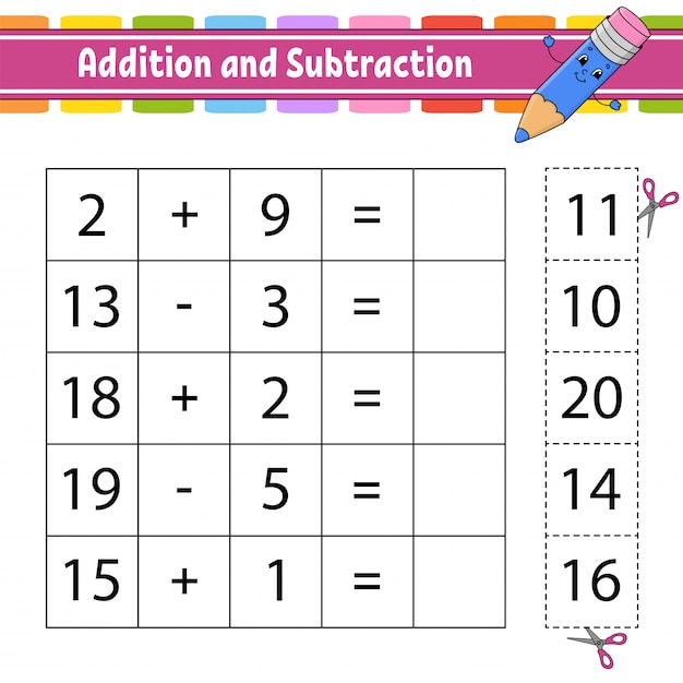 Addition Und Subtraktion Aufgabe Fur Kinder Ausschneiden Und Einfugen Arbeitsblatt Zur Bildungsentwicklung Premium Vektor