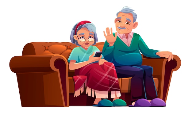 Alterer Mann Und Frau Die Per Handy Sprechen Sitzen Auf Der Couch Im Pflegeheim Alte Dame Eingewickelt In Plaid Und Gealterten Grauhaarigen Rentner Entspannen Auf Sofa Verwenden Smartphone Fur Chat Cartoon Illustration