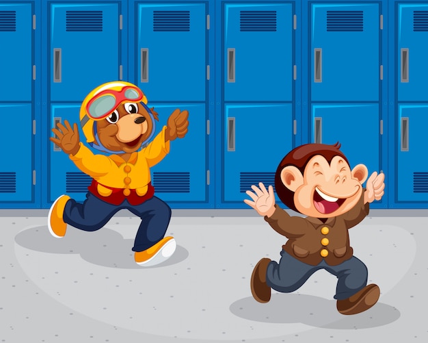 Affe und bär, die in der schule laufen Kostenlosen Vektoren