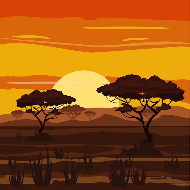 Afrikanische Landschaft Sonnenuntergang Savanne Natur Baume Wildnis Karikaturart Vektorillustration Premium Vektor