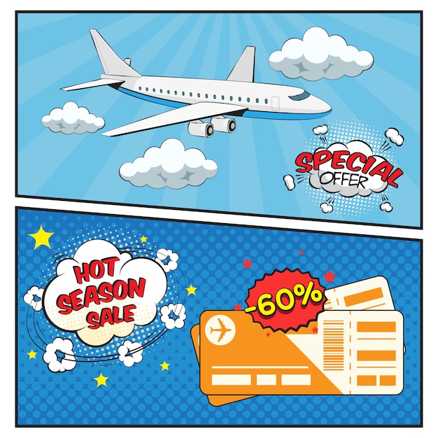 Air Tickets Sale Comic Style Banner Gesetzt Kostenlose Vektor