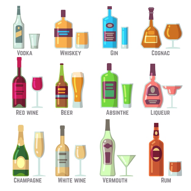 Alkoholische getränke in den flachen vektorikonen der flaschen und der gläser eingestellt Premium Vektoren