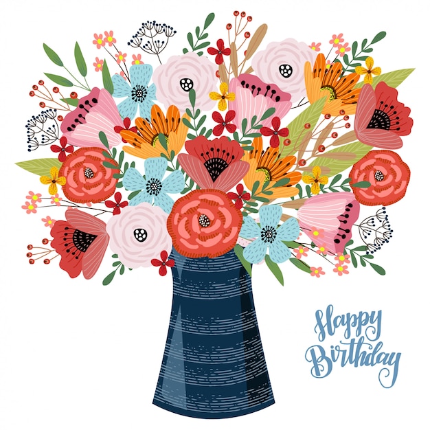 Alles Gute Zum Geburtstag Blumen Hand Zeichnen Vase Mit Blumen Premium Vektor